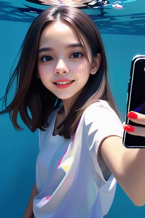 young girl, adolescent, energetic, joyous, selfie, taking selfie, phone camera app, outline, angle downwards, v shape hand pose, cute, adorable, sexy, suggestive outfit, paint splash background, vibrant paint, high contrast, abstract, volumetric light, high quality, detailed, masterpiece,underwater,girl