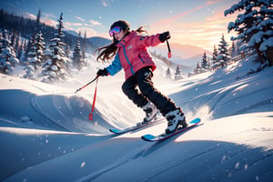 (masterpiece, best quality, ultra-detailed, 8K),beautiful girl riding snowboard in the hill of snow park,23yo,goggles,snowboard outfit,(very high speed) down hill,(perfect carving turn),(colorful:1.5),cinematic lighting,koh_yunjung,1 girl,cute