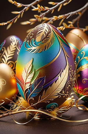 Easter eggs designed with arabesques and swirls using a harmonious mix of rainbow colors.
Golden branches and feathers cover the egg from the bottom as if to protect it.
The egg shines even brighter due to the intense lighting that illuminates the egg on a dark brown and golden background.

Ultra-clear, Ultra-detailed, ultra-realistic, ultra-close up