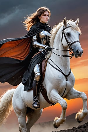 1 beautiful woman,  faded elegance, mournful atmosphere,  beauty, melancholy aura, hauntingly captivating, stark contrast, delicate decay, line art, backlighting, wind, backlighting, Stardust,(Wind:1.2) , black cloak, sword knight riding a white horse, Orange Blood
,Contained Color,anica_teddy