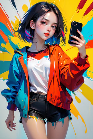 young girl, adolescent, energetic, joyous, selfie, taking selfie, phone camera app, outline, angle downwards, v shape hand pose, cute, adorable, sexy, suggestive outfit, paint splash background, vibrant paint, high contrast, abstract, volumetric light, high quality, detailed, masterpiece,girl,xxmix_girl