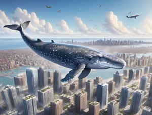 gray whale flying in the sky flying in the sky, gray whale flying in the sky flying over a city skyline full of buildings, epic daylight, solo, dynamic angle,