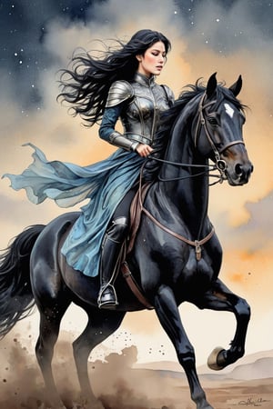 beautiful woman,  faded elegance,  melancholy aura, hauntingly captivating, stark contrast, delicate decay, line art, backlighting, wind, Stardust, watercolor, (Wind:1.2) , iron knight riding a black horse
,Contained Color,anica_teddy,lineart,LineAniAF,watercolor,ink