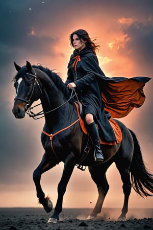 1 beautiful woman,  faded elegance, mournful atmosphere,  beauty, melancholy aura, hauntingly captivating, stark contrast, delicate decay, line art, backlighting, wind, backlighting, Stardust,(Wind:1.2) , black cloak, aAn archer riding a black horse with a bow on his back, Orange Blood
,Contained Color,anica_teddy,photo r3al