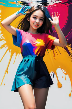 young girl, adolescent, energetic, joyous, selfie, taking selfie, phone camera app, outline, angle downwards, v shape hand pose, cute, adorable, sexy, suggestive outfit, paint splash background, vibrant paint, high contrast, abstract, volumetric light, high quality, detailed, masterpiece,underwater