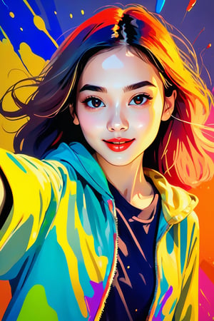 young girl, adolescent, energetic, joyous, selfie, taking selfie, phone camera app, outline, angle downwards, v shape hand pose, cute, adorable, sexy, suggestive outfit, paint splash background, vibrant paint, high contrast, abstract, volumetric light, high quality, detailed, masterpiece,girl