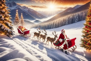 outdoor, snowy, mountain path, mountain path with heavy snow blowing, Santa Claus pulling a sleigh with a deer sitting in front, (warm and bright color tones), (soft diffused lighting), masterpiece, top quality, detailmaster2, ral-chrcrts, christmas,skptheme