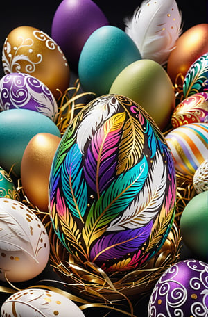 Easter eggs designed with arabesques and swirls using a harmonious mix of rainbow colors.
A pile of tiny golden twigs and many white feathers cover the egg from the bottom as if protecting it.
The egg shines even brighter due to the intense lighting that illuminates the egg on a dark plnk and golden background.

Ultra-clear, Ultra-detailed, ultra-realistic, ultra-close up