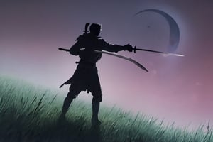 ((Silhouette1.8)). ((Two swordsmen, crescent moon, grass. Two swordsmen are fighting among the long grass in a meadow with a crescent moon as thin as an eyebrow on a very pitch-black night in all directions1.8)). ((One swordsman flies into the air and makes a downward motion with his sword at a 45 degree angle with both hands, while the other swordsman makes an urgent motion to block the other swordsman's sword as it comes down1.5)).
There is a bit of fog around, reflecting the blue light of the black crescent moon of the swordsman striking, showing even more urgency.
Silhouette, distant view, 8K, gloomy, solemn, urgent, scary, birds flying away in surprise,