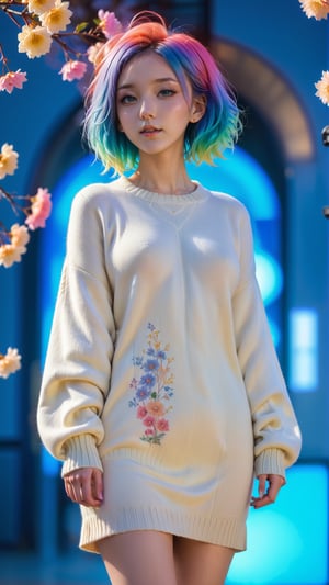 illustrator, anime , full body, realistic , sketch , 1girl, ,lip, Sweater,order, Blue gradient background, Neon hair,Textured crop, Canadian, (masterpiece,best quality) wearing wooly long dress and coat,  full body, flowers bloom and lighting bokeh as background,xxmix_girl