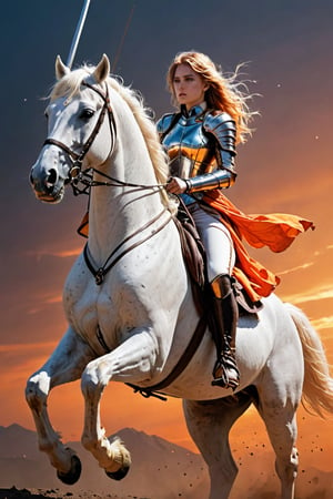 beautiful woman,  faded elegance, mournful atmosphere,  beauty, melancholy aura, hauntingly captivating, stark contrast, delicate decay, line art, backlighting, wind, backlighting, Stardust,(Wind:1.2) , sword knight riding a white horse, Orange Blood
,Contained Color,anica_teddy
