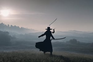 ((Silhouette:1.9)). it's too dark, little light. ((About 10 Assassins1.8)),((A swordsman wearing a wide-brimmed hat and masked About 10 assassins:1.8, crescent moon, grass. Two swordsmen are fighting among the long grass in a meadow with a crescent moon as thin as an eyebrow on a very pitch-black night in all directions1.8)). ((A swordsman flies into the air, wraps his hands around the handle of his sword, and makes a 45-degree downward slash motion. Another swordsman is making an urgent move to block the sword of another swordsman coming down1.5)). jump up and slash the sword. About 10 Assassins surround them.
There is a bit of fog around, reflecting the blue light of the black crescent moon of the swordsman striking, showing even more urgency.
((Silhouette:1.9)), distant view, 8K, gloomy, solemn, urgent, scary, speed, birds flying away in surprise,Sketch,Storyboard
