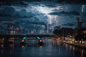 cyberpunk city, neon lights, buildings, scenery, cityscape, river, pedestrians, outdoor bars. Night scene, ultra realistic, highly detailed,black clouds,city silhouette,There is a lot of lightning everywhere in the city,10 lightning bolts,heavy rain