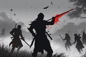 ((Silhouette:1.9)). it's too dark, without light. ((About 10 Assassins1.9)),((A swordsman wearing a wide-brimmed hat and masked About 10 assassins:1.8, crescent moon, grass. Two swordsmen are fighting among the long grass in a meadow with a crescent moon as thin as an eyebrow on a very pitch-black night in all directions1.8)). ((A swordsman flies into the air, wraps his hands around the handle of his sword, and makes a 45-degree downward slash motion. Another swordsman is making an urgent move to block the sword of another swordsman coming down1.5)).(( jump up and slash the sword. A man who gets stabbed splatters red blood:1.9)).red blood splatters, About 10 Assassins surround them.
There is a bit of fog around, reflecting the blue light of the black crescent moon of the swordsman striking, showing even more urgency.
((Silhouette:1.9)), distant view, 8K, ((gloomy, solemn, urgent, scary, speed:1.5)), birds flying away in surprise,Sketch,Storyboard