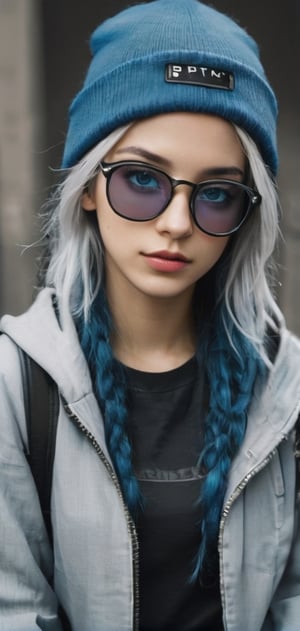 Cute female  cyberpunk hacker with blue colored glasses, in a jacket with a Beanie long grey hair half teeshirt ripped jeanscyberpunk 2077 poster art