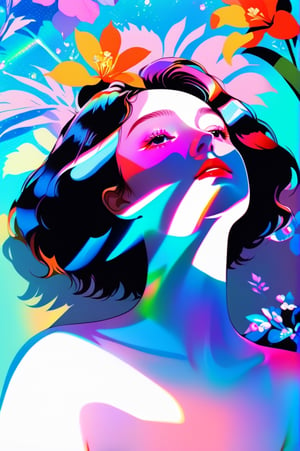 portrait, 1 girl, solo, short wavy hair, flowing neon, colored holographic floral background, holographic, iridescent, vaporwave, fluid, flowers, lying from the front point pose, high fashion, realistic,Flat vector art,xxmix_girl