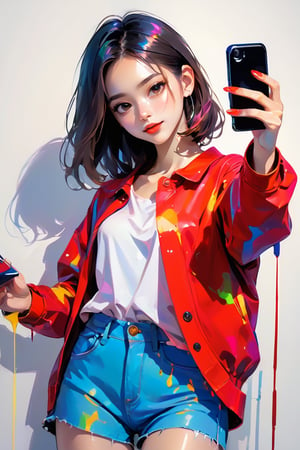 young girl, adolescent, energetic, joyous, selfie, taking selfie, phone camera app, outline, angle downwards, v shape hand pose, cute, adorable, sexy, suggestive outfit, paint splash background, vibrant paint, high contrast, abstract, volumetric light, high quality, detailed, masterpiece,girl,xxmix_girl