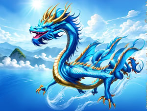 ((1 Asian blue dragon1.8)), asian blue dragon flying in the sky flying in the sky,Asian blue dragon flying across the vast ocean horizon, epic daylight, solo, dynamic angle,aw0k euphoric style,normal blue dragon head,((There is only one blue dragon head1.8)), Text((“Welcome 2024” is written in gold at the top left of the screen 1.5))