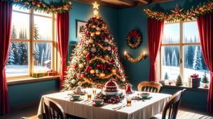 Christmas tea, window overlooking a magical forest, curtains on the window, magic, Christmas background, Mysterious, Mysterious,Christmas Room,Santa Claus