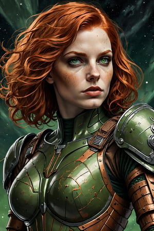 detail, merge mystery of tarot and endless beauty of space, dark palette, artwork, crisp lines, rough aesthetics, masterpiece, abstract, surrealism, realistic, detailed, high resolution, Leonardo Style, Comic Book-Style 2d, ((woman)), ((redhead, very short hair, very pale skin, green eyes)), ((nanosuit armor, brown & green armor)), ((perfect body, perfect beauty))