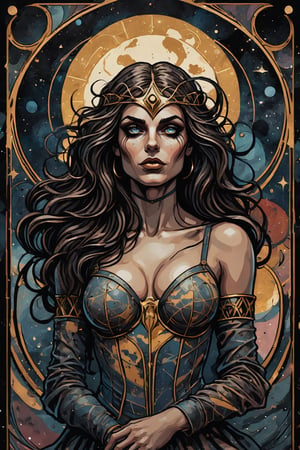 centered, abstract portrait of beautiful girl in tarot cards style, intricate detail, merge mystery of tarot and endless beauty of space, dark palette, artwork, crisp lines, rough aesthetics, masterpiece, abstract, surrealism, realistic, detailed, high resolution, Leonardo Style, Comic Book-Style 2d, ((goddess)), ((woman)), ((perfect body, perfect beauty)), ((powerful deity)), ((elaborate picture)), ((extremely detailed))