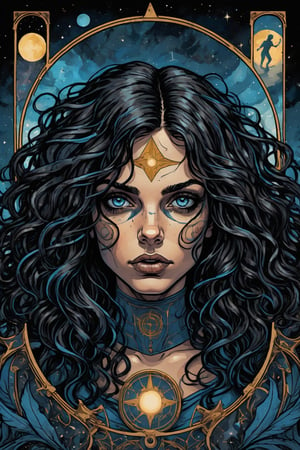 centered, abstract portrait of beautiful girl in tarot cards style, intricate detail, merge mystery of tarot and endless beauty of space, dark palette, artwork, crisp lines, rough aesthetics, masterpiece, abstract, surrealism, realistic, detailed, high resolution, Leonardo Style, Comic Book-Style 2d, (Black hair, long hair, curly hair, blue eyes, fair skin)