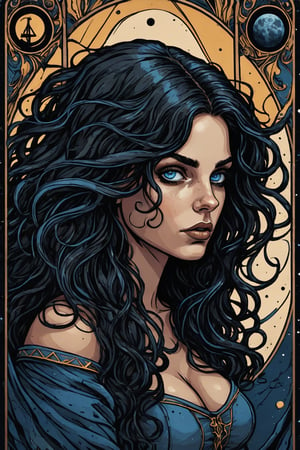 centered, abstract portrait of beautiful girl in tarot cards style, intricate detail, merge mystery of tarot and endless beauty of space, dark palette, artwork, crisp lines, rough aesthetics, masterpiece, abstract, surrealism, realistic, detailed, high resolution, Leonardo Style, Comic Book-Style 2d, (Black hair, long hair, curly hair, blue eyes, fair skin), ((tarot card, The judgment card))