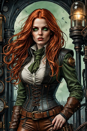 detail, merge mystery of tarot and endless beauty of space, dark palette, artwork, crisp lines, rough aesthetics, masterpiece, abstract, surrealism, realistic, detailed, high resolution, Leonardo Style, Comic Book-Style 2d, ((woman)), ((redhead, very long hair, layered hair, very pale skin, green eyes)), ((steampunk, steampuk outfit, shirt, jacket, corset, leather pants, large belt, pouch belt)), ((adventurer, explorer, rogue, scoundrel))