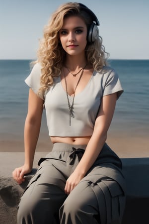 French girl,grey blonde hair(very long hair, curly_hair),hiphop dancer,wearing all black clothes (loose fit top and wide cargo pants),sneakers,headphone, sitting at sea bank,horizon,seaside,accessories(necklace,ear_rings),Best Quality, 32k, photorealistic, ultra-detailed, finely detailed, high resolution, perfect dynamic composition, beautiful detailed eyes, sharp-focus, cowboy_shot, 