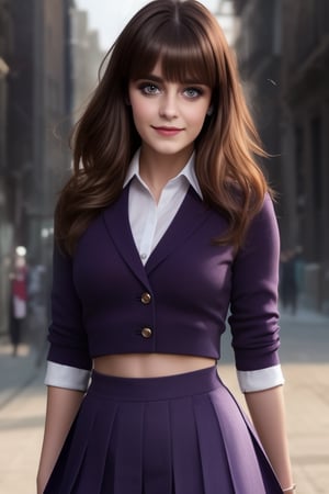 In a hyper real, 8K portrait, an 25-year-old , her purple eyes shining bright amidst a backdrop of dark, flowing hair that cascades down to her waist. Her long, thick eyelashes frame her gaze, which meets the camera's directly, jucy lips slightly parted in a subtle smile.school girl uniform, that accentuates her well-proportioned figure, fashionably styled with bangs framing her face, highlighting the delicate strands of hair that flutter gently in the air,Krisslove,1girl