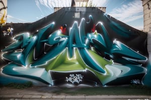  (((Graffiti 3D wildstyle))), letras: "MISAEL" ,perfectamente entrelazadas, delineadas y estiradas, colores verde oliva, verde pasto, verde militar, azul cobalto, blanco y negro,((pintado sobre el fuselaje de un avion de guerra abandonado)), (efecto 3D exagerado, perspectiva, salpicaduras de pintura, goteos de pintura, adornado con flechas al inicio y final, graffiti 3d,pieza)