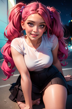 (best quality,4k,8k,highres,masterpiece:1.2),ultra-detailed,(realistic,photorealistic,photo-realistic:1.37),portrait,beautiful detailed eyes,beautiful detailed lips,extremely detailed eyes and face,longeyelashes,long hair,detailed jewelry,vivid colors,smile,skirt,night,pink eyes,multicolor hair,twintails,earrings,short skirt,