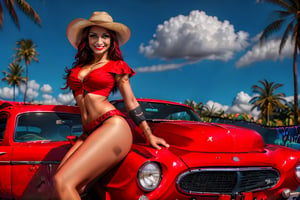 masterpiece, 8k, super detail, realistic, A stunning portrait of full body a vivacious Chicana woman, Sophie, beams with a radiant smile and matching hat, set against the sun-kissed backdrop of palm trees and a brilliant blue sky. Her curves are accentuated by warm light as she confidently poses near her trusted hot-red lowrider. The vibrant fusion of retro and modern styles is infused with bold 3D graffiti artistry and unapologetic pride mexican culture's identity, screaming sexy with a fierce gaze.,Sophie-SD1.5,Graffiti 3D, mujer, hermosa, bonita,graffiti 3d,pieza