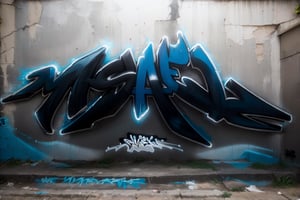  "Graffiti 3D wildstyle, letras JAHZ entrelazadas y estiradas, colores gris, azul cobalto, blanco y negro, fondo bagon de ten abandonado, efecto 3D exagerado, perspectiva"