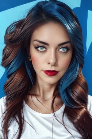 In this intimate close-up shot, a woman's face radiates against a striking backdrop of contrasting blues and whites. Her piercing blue eyes, framed by darker blue brows, seem to bore into the camera lens. Vibrant brown hair cascades down her shoulders, enveloping her face in a rich, earthy tone. A deep red lip color adds a bold pop against her porcelain complexion. The white t-shirt she wears serves as a subtle contrast to the cool tones of her skin and hair. White dots scattered across her face create depth and texture, drawing the viewer's eye into this captivating portrait.