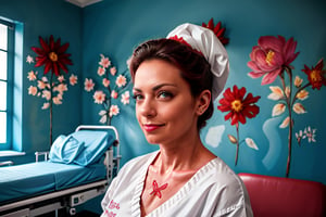 Una enfermera se encuentra confiada en una habitación de hospital,
 con su impoluto uniforme blanco con llamativos ribetes rojos y su gorra adornada
 con una prominente cruz roja estampada en su cabeza. Las paredes de la sala están 
pintadas de un azul suave, con vibrantes grafitis esparcidos por todas partes, 
con murales de flores y formas abstractas en forma de 3D. Un delicado patrón estilo 
Graffiti 3D, un escote pronunciado adorna la bata médica de la enfermera, añadiendo un toque de elegancia a su atuendo profesional. 
Las pinceladas de Sophie-SD1.5 dan vida a la escena.