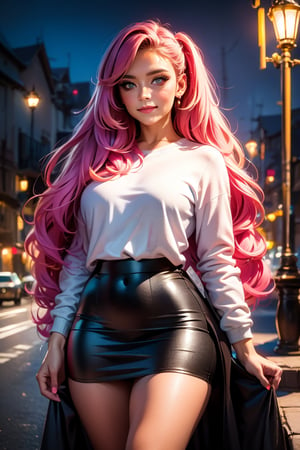 (best quality,4k,8k,highres,masterpiece:1.2),ultra-detailed,(realistic,photorealistic,photo-realistic:1.37),portrait,beautiful detailed eyes,beautiful detailed lips,extremely detailed eyes and face,longeyelashes,long hair,detailed jewelry,vivid colors,smile,skirt,night,pink eyes,multicolor hair,twintails,earrings,short skirt,