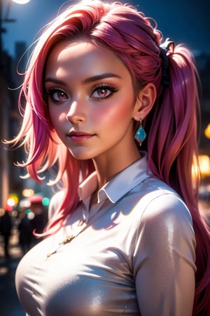 (best quality,4k,8k,highres,masterpiece:1.2),ultra-detailed,(realistic,photorealistic,photo-realistic:1.37),portrait,beautiful detailed eyes,beautiful detailed lips,extremely detailed eyes and face,big bust, long eyelashes,long hair,detailed jewelry,vivid colors,smile,skirt,night,pink eyes,multicolor hair,twintails,earrings,short skirt,Krisslove-1,