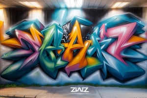 3D graffiti mural, 3D Graffiti, JAHZ letters in close-up, neon colors, bubble style, , 3D graffiti, piece, 3d graffiti, symmetrical, perfect, "well-defined letters", "readable text", "each letter clearly visible" .,3D graffiti, piece, 3d graffiti