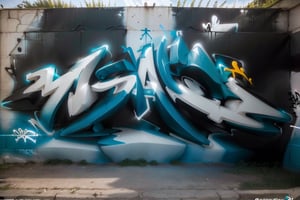  (((Graffiti 3D wildstyle))), letras: "MISAEL" ,perfectamente entrelazadas, delineadas y estiradas, colores verde oliva, verde pasto, verde militar, azul cobalto, blanco y negro,((pintado sobre el fuselaje de un avion de guerra abandonado)), (efecto 3D exagerado, perspectiva, salpicaduras de pintura, goteos de pintura, adornado con flechas al inicio y final, graffiti 3d,pieza)