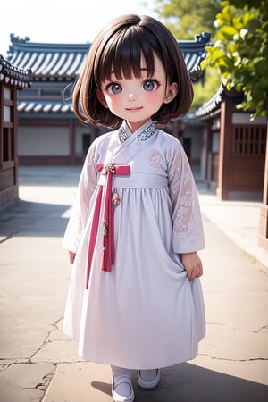 best quality, masterpiece, beautiful and aesthetic, vibrant color, Exquisite details and textures,  Warm tone, ultra realistic illustration,	(cute European girl, 6year old:1.5),	(ancient korea theme:1.4),	cute eyes, big eyes,	(a beautiful smile:1.1),	16K, (HDR:1.4), high contrast, bokeh:1.2, lens flare,	siena natural ratio, children's body, anime style, 	head to toe,	long Straight black hair with blunt bangs,	a white and pink hanbok, ultra hd, realistic, vivid colors, highly detailed, UHD drawing, perfect composition, beautiful detailed intricate insanely detailed octane render trending on artstation, 8k artistic photography, photorealistic concept art, soft natural volumetric cinematic perfect light. ,hanbok