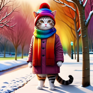 "Red Cliff", perfect composition, perfect composition, creative poster, cute, (cat in the park), (cat in winter coat), wearing a human hat, scarf, (standing like a human), (wearing human clothes) , (Best Quality: 1.2), (Super Detailed), (Realism: 1.37), (HDR), (Vivid Colors), (Portrait of a), (Warm Bright Tones), (Soft Diffuse Lighting ), full body, rainbow style