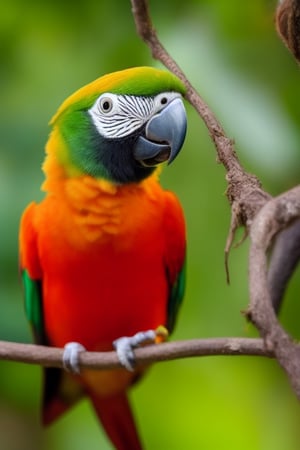 An adorable parrot with big eyes and a red beak, displaying a cute expression. Its feathers are vibrant and exquisitely detailed as it perches on a branch. Water droplets can be seen hanging on the nearby leaves, crystal clear. It showcases the best quality, photo-realistic, ultra-detailed 4K effect. The bird's feathers are colorful, and its expression is adorable.
