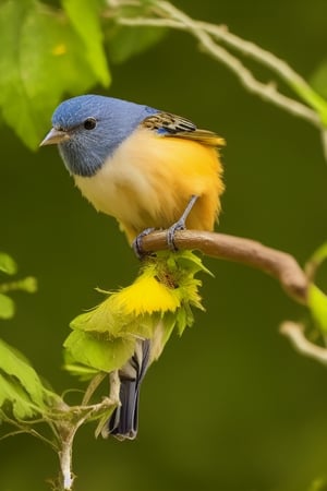 An adorable bird with big eyes and a red beak, displaying a cute expression. Its feathers are vibrant and exquisitely detailed as it perches on a branch. Water droplets can be seen hanging on the nearby leaves, crystal clear. It showcases the best quality, photo-realistic, ultra-detailed 4K effect. The bird's feathers are colorful, and its expression is adorable.

