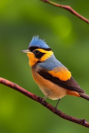 An adorable little bird with a cute expression, vibrant feather colors, and incredibly detailed feathers is perched on a branch. Water droplets hang on the nearby leaves, clear and distinct. It showcases the best quality, photo-realistic, ultra-detailed 4K effect. The bird's feathers are vibrant in color, and it has a cute expression.
