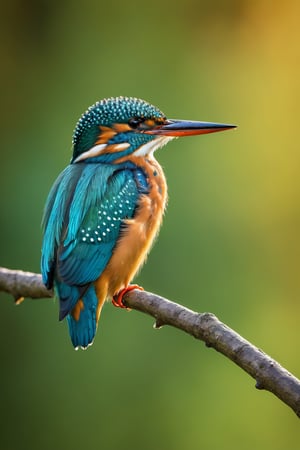 A captivating bird photo featuring the vibrant and elegant Kingfisher. The Kingfisher perches on a slender branch overlooking a clear river. Its plumage shines with iridescent colors of blue and green, and it beads Like eyes staring at the rippling water below. The scene is bathed in soft, golden sunlight,

