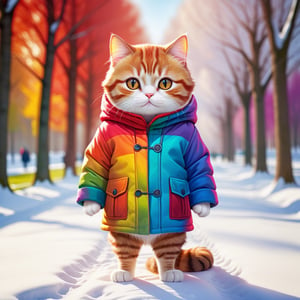 "Red Cliff", perfect composition, perfect composition, creative poster, cute, (cat in the park), (cat in winter coat), (standing like a human), (wearing human clothes), (best quality: 1.2) , (Super Detailed), (Realism: 1.37), (HDR), (Vivid Colors), (Portrait of a), (Warm Bright Tones), (Soft Diffuse Lighting), Full Body, Rainbow Style