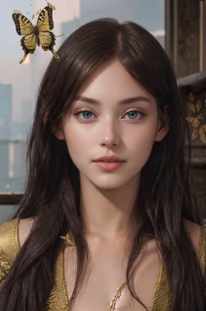 8k portrait of beautiful cyborg with brown hair, intricate, elegant, highly detailed, majestic, digital photography, art by artgerm and ruan jia and greg rutkowski surreal painting gold butterfly filigree, broken glass, (masterpiece, sidelighting, finely detailed beautiful eyes: 1.2), hdr, (detailed background window to a new dimension, plants and flowers:0.7)  infinity, infinite symbol,