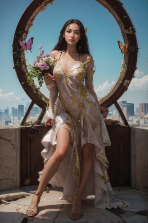 8k portrait of beautiful cyborg with brown hair, intricate, elegant, highly detailed, majestic, digital photography, art by artgerm and ruan jia and greg rutkowski surreal painting gold butterfly filigree, broken glass, (masterpiece, sidelighting, finely detailed beautiful eyes: 1.2), hdr, (detailed background window to a new dimension, plants and flowers:0.7)  infinity, infinite symbol,