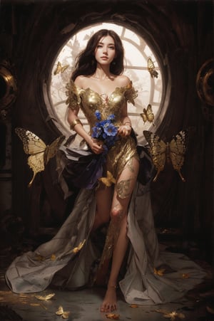 8k portrait of beautiful cyborg with brown hair, intricate, elegant, highly detailed, majestic, digital photography, art by artgerm and ruan jia and greg rutkowski surreal painting gold butterfly filigree, broken glass, (masterpiece, sidelighting, finely detailed beautiful eyes: 1.2), hdr, (detailed background window to a new dimension, plants and flowers:0.7)  infinity, infinite symbol,